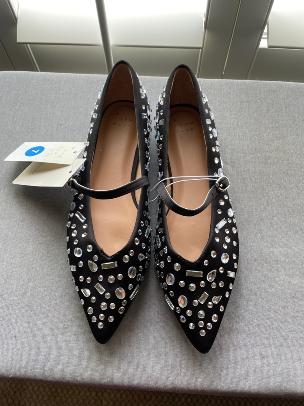 a new day Gabriella Black Embellished Mary Jane Pointed Flats Size 7 - Picture 3 of 7